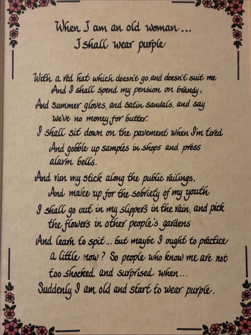 Poem “When I am an Old Woman… Art in Brown Frame with Blue Mat